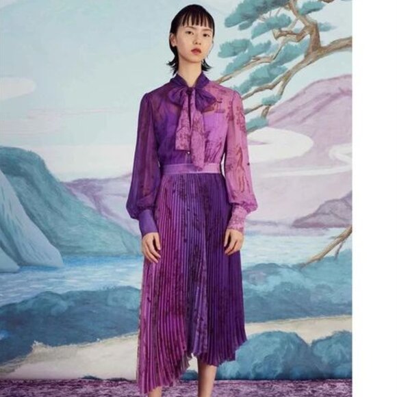 Mukzin Purple Pleated Asymmetrical Dress with Bow Tie Neck - NWT - Picture 2 of 7
